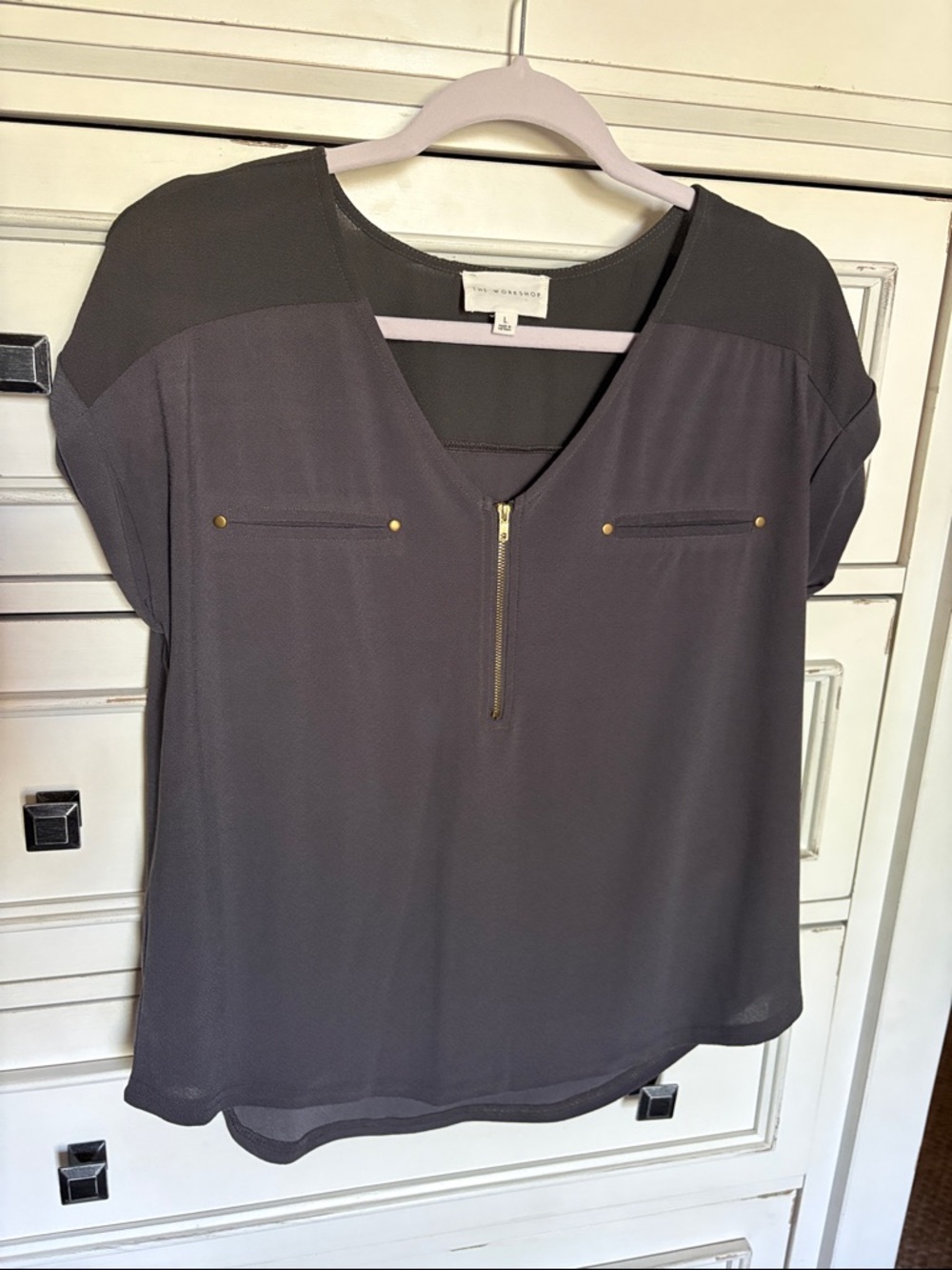 Workshop Republic Clothing Charcoal Zip Front Short Sleeve Blouse
